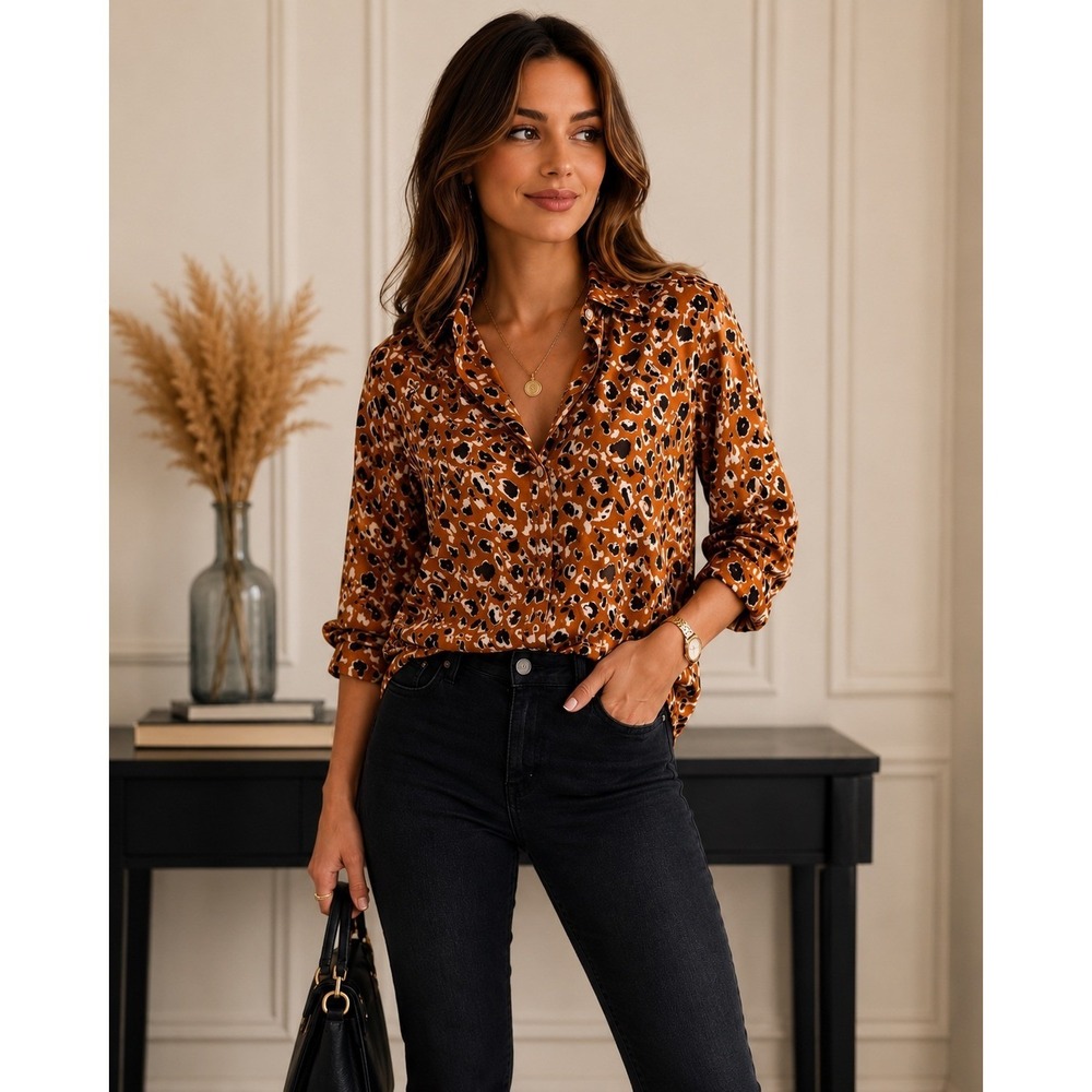 NWOT Maison d'Amélie Paris Leopard Animal Blouse Office Button Cognac Brown SzM